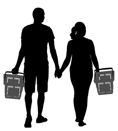 Couple holding hand and walking in shopping market vector silhouette illustration. People with consumer basket buy food and another goods. Happy family grocery shopping in supermarket. Man and woman.のイラスト素材