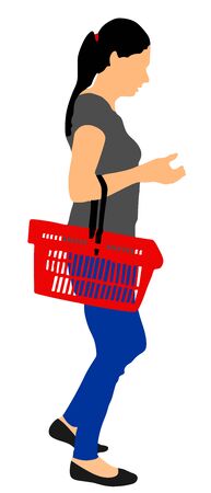 Woman doing everyday grocery shopping with shopping basket at supermarket, vector isolated on white background. Lady with consumer bag buy food and another goods in market.のイラスト素材