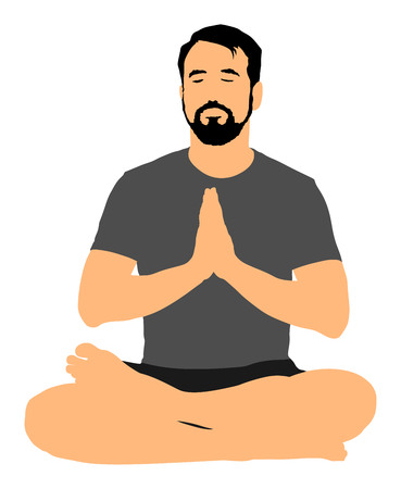 Young attractive man practicing yoga, sitting in Padmasana, exercise, Lotus pose, Namaste. Prayer pose. Man exercises yoga, sitting pose vector.のイラスト素材