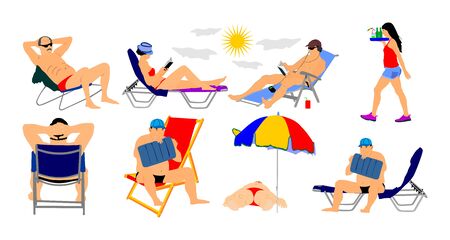 Sunny day on the beach vector illustration. (girl, man, woman, swimmer, tourists). Water sport. Happy people active life. Skin care protection concept. Summer time. Holiday rest and relaxation.のイラスト素材