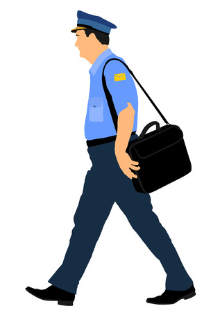 Postman or mailman walking on duty, vector illustration isolated on white background. Postman Delivering Mail. Mail carrier with bag and letter.のイラスト素材
