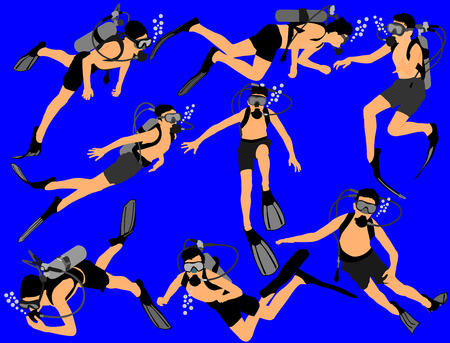 Scuba diving vector illustration isolated on blue background. Sport underwater, lake, sea, glove and flashlight, mask and snorkel. Diving school, Scuba school. Beach fun, fishing,swimmingのイラスト素材