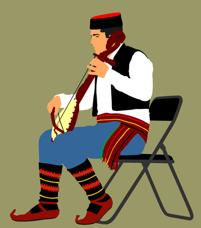 Guslar play gusle, traditional music instrument from Montenegro and Balkan. Balkan musician player and singer vector illustration. Folklore artist event.のイラスト素材