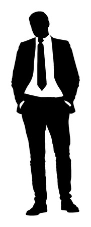 Businessman go to work vector silhouette illustration.Handsome man in suite with hands in pockets. Standing casual pose. Relaxed man.のイラスト素材
