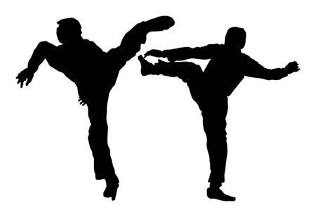 Fight between two taekwondo fighters vector silhouette illustration. Sparring on training action. Self defense skills exercising concept. Warriors in the martial arts battle. Sport competition event.のイラスト素材