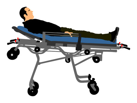 First aid help carrying after crash accident transport injured person. Paramedics evacuate injured person. Checking and helping people after body collapse. Health care protection. Lifeguard action.のイラスト素材