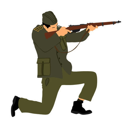 American soldier with rifle vector. Partisan against Germany in WW2. Red army fierce struggle in occupied Europe. Soviet troops against aggressors in battle. Second World war fighter.のイラスト素材