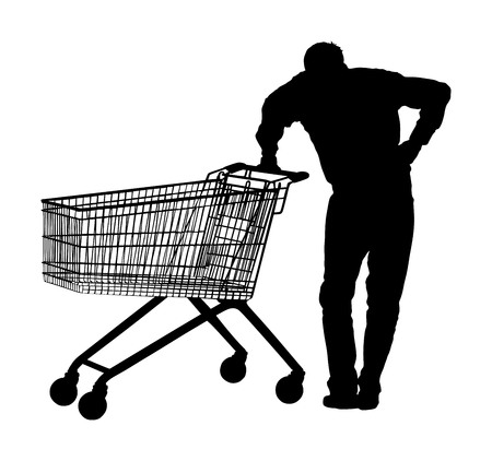 Man doing everyday grocery shopping with shopping basket at supermarket, vector silhouette. Male usual after work with consumer bag buy food and another goods. Metal market trolley. Empty shopping cart.のイラスト素材