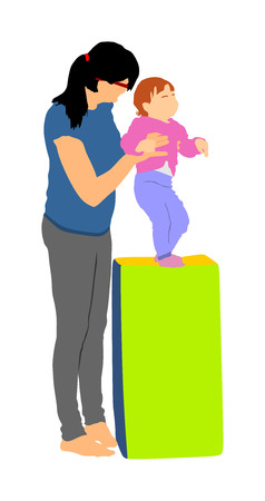 Mother teaching baby to walk, vector. Kindergarten teacher nanny working with kid. First steps in life. Parent support child. Mom love little boy. Babysitter care about cute baby. Young woman and son.のイラスト素材