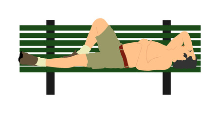 Senior man sunbathing sleeping on wooden bench in the park. Laying outdoors vector illustration isolated on white background.のイラスト素材