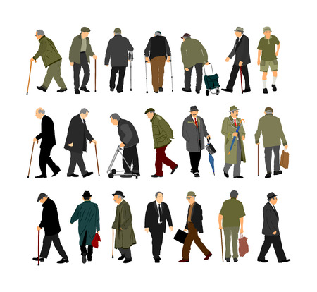 Set of senior mature person. Old people active life. Old man walking with stick vector isolated on white. Grandfather veteran Healthcare. Out of hospital and daycare center. Golden age without nursingのイラスト素材