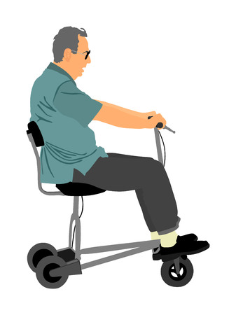 Senior man on electric bicycle,tricycle vector illustration isolated on white background. Mature man on electric walker. Disabled person active life concept.のイラスト素材