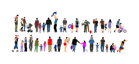 Fathers day set, group of family people vector illustration isolated on white background. Father and daughter. Father and son. Adopted child. Family values. Happy family big group. Outdoor activity.のイラスト素材