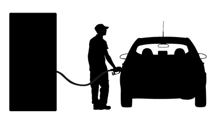 Worker on gas station fill the machine with fuel vector silhouette. Car fill with gasoline. Gas station pump. Man filling gasoline fuel in car holding nozzle.Pumping gasoline fuel in vehicle.のイラスト素材