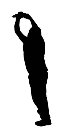 Repairman with cordless drill in hand vector silhouette isolated on white. Handyman working on hole. Carpenter handle activity on renovation home before move in. Hard worker on job.のイラスト素材