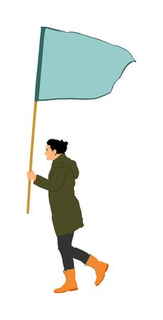 Woman walking with flag vector illustration isolated on white background. Angry protester on the street. Fighter for labor rights. Human rights agitation. Factory strike, walkout. Sport supporter fan.のイラスト素材