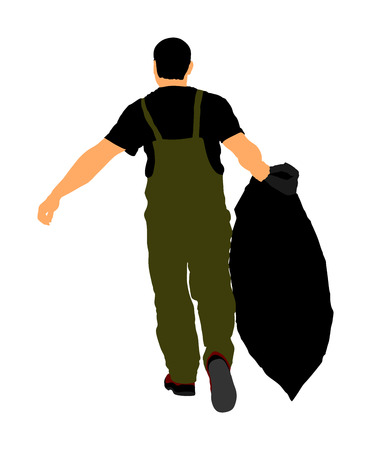 Gardener man with bag of leaves or garbage, trash, vector illustration. Landscaper hold a plastic bag with garbage. Backyard Garden Summer Clean Up. Laborer working outdoor. Hard worker with luggage.のイラスト素材