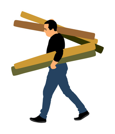 Man carrying rolled carpet and wallpaper vector illustration isolated on white background. Wholesale, logistic, loading, shipment. Activity in warehouse.のイラスト素材