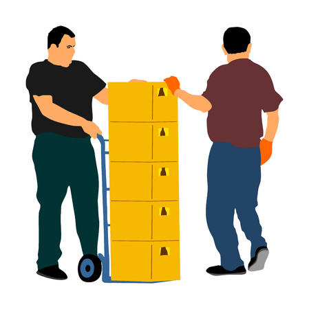 Wholesale, logistic, loading, shipment people hard workers. Man carrying loader with goods at warehouse. Transportation carrying on wheelbarrow vector illustration, team working. Crates of beer, drinkのイラスト素材
