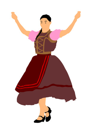 Csardas dancer vector illustration. Folklore Hungary. Bavarian woman on Octobarfest. Polka dance performer. Balkan folk dance. Europe traditional festival attraction. Vintage dressed woman from Europeのイラスト素材