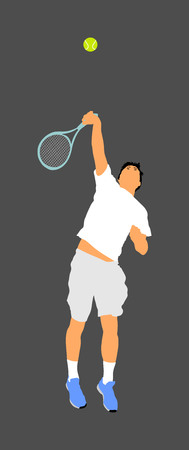 Tennis player in action vector illustration isolated on background. Sport man hitting ball during the match.のイラスト素材