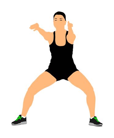 Fitness instructor training vector isolated on white background. Sport woman active in gym.  Athlete lady doing exercise. Warming up and workout activity. Personal trainer demonstrated skills.のイラスト素材