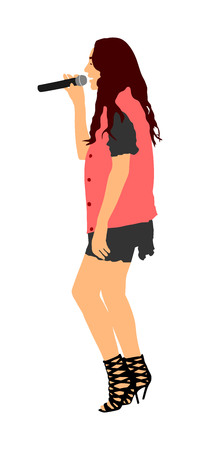 Popular singer super star vector illustration isolated on white. Attractive music artist on stage. Singer woman, girl artist karaoke against public on concert. Microphone in hands. Handsome lady.のイラスト素材