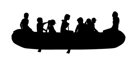 Happy kids rafting with rubber boat vector silhouette. Children beach fun. Girls and boys enjoying rowing on river on inflatable boat. Friends paddling. Childhood. Crew outdoor relaxing. Summer activeのイラスト素材