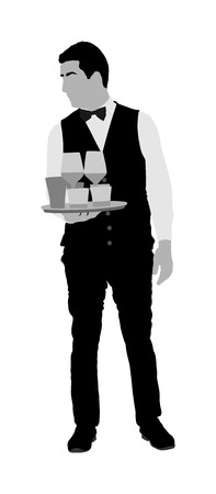 Professional waiter holding tray with order drinks for guests vector. Servant in restaurant taking orders. Worker in pub serve food and drinks for clients. Barman welcomes guests. Servant in hotel.のイラスト素材