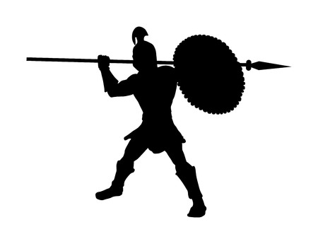 Roman legionary soldier in battle with shield and spear vector silhouette. Strong Spartan warrior. Muscular Rome gladiator in Colosseum. Old Greek warrior.のイラスト素材