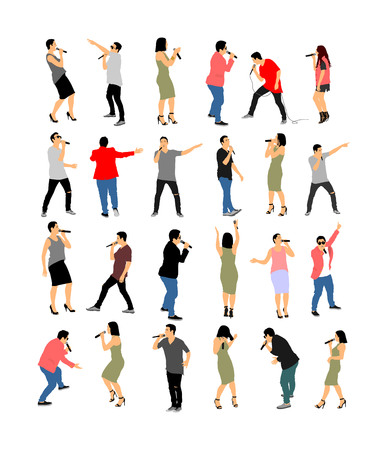 Popular singer super star vector illustration isolated on white background. Attractive music artists on the stage big group. Singer woman, girl, man, boy artist against public on concert.のイラスト素材