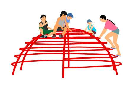 Children Playing at playground climber toy in entertainment park vector illustration. Outdoor activity, friends play fun. Kids climbers. Boys and girls enjoying after school. Summer time leasure.のイラスト素材
