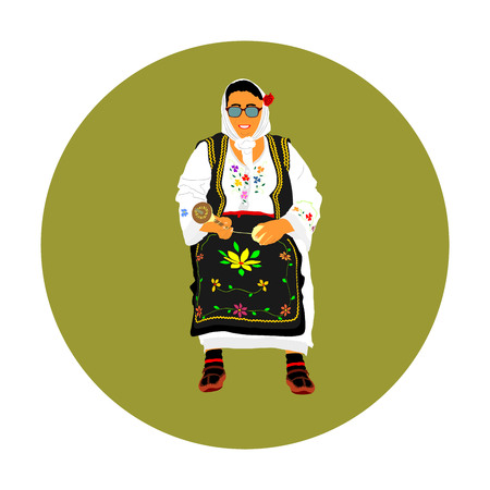 Woman in traditional Serbian dress vector illustration isolated. Serbia wears, Balkan folklore culture illustration. Knitting from a yarn. Knit hobby. Bulgarian national dress. Russian or Poland folklのイラスト素材