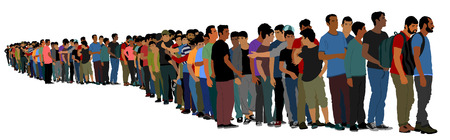 Group of people waiting in line vector isolated on white background. Group of refugees, migration crisis in Europe. Turkey war migration waves going through Schengen Area. Border situation in EU.のイラスト素材