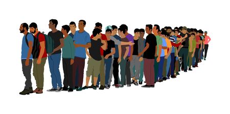 Group of people waiting in line vector isolated on white background. Group of refugees, migration crisis in Europe. Turkey war migration waves going to Schengen Area. Border situation in EU, or Mexicoのイラスト素材