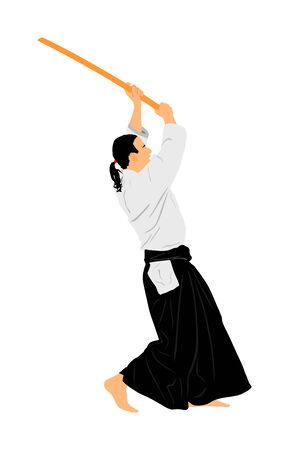 Aikido fighter vector silhouette illustration. Training action. Self defense, defence art excercising concept. Aicido instructor demonstrate skill with katana.のイラスト素材