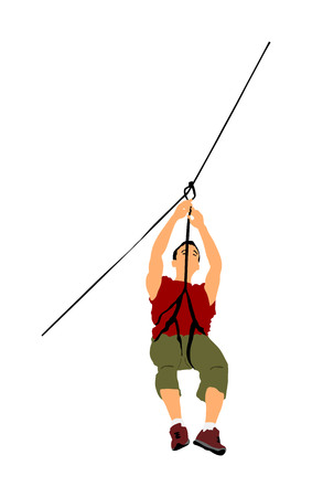 Extreme sportsman took down with rope. Man climbing vector illustration, isolated on white. Sport weekend zipline action in adventure park rope ladder. Ropeway for fun, team building. Rescue mission.のイラスト素材