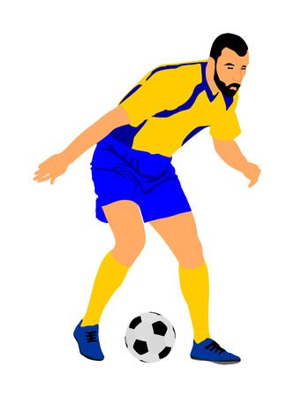 Soccer player with ball in action vector illustration isolated on white background. Football player battle for the ball and position. Member of super star team. Boy with ball. Sport man in action.のイラスト素材