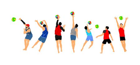 Beach volleyball player vector illustration isolated on white background. Volleyball boy in action. Summer time enjoying on sand. Man sport activity. Active life style. Outdoor fun with ball activity.のイラスト素材