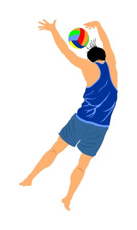 Beach volleyball player vector illustration isolated on white background. Volleyball boy in action. Summer time enjoying on sand. Man sport activity. Active life style. Outdoor summer fun with ball.のイラスト素材