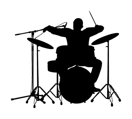 Rock and roll drummer vector silhouette illustration isolated on white background. Musician play drums on stage. Super star music concert show. Great event for fan supporters. Drummer player shadow.のイラスト素材