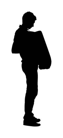 Young musician accordion man vector silhouette isolated on white background. Music event on the public. Street performer amusement public.  Music artist. Jazz man.のイラスト素材