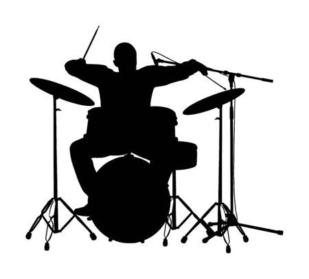 Rock and roll drummer vector silhouette illustration isolated on white background. Musician play drums on stage. Super star music concert show. Great event for fan supporters. Drummer player shadow.のイラスト素材