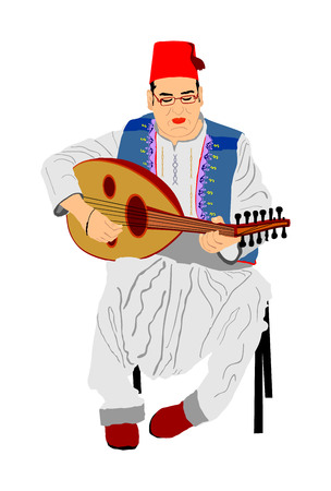 Arab man play oud, lute or mandola vector illustration, traditional music instrument from Asia. Islamic culture. Musician from middle east. Popular street performer, tourist attraction. Oriental eventのイラスト素材