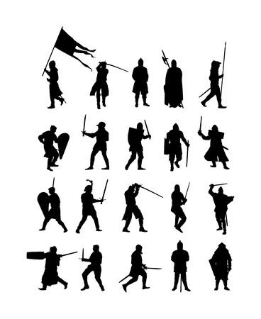 Big group of knights in armor, with sword, helmet and shield vector silhouette isolated on white background. Medieval fighter in battle. Hero keeps castle walls. Scary hang man before execution.のイラスト素材