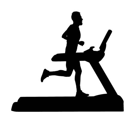 Sport man running on a treadmill in gym vector silhouette. Boy on running track cardio training. Fitness instructor personal trainer workout. Exercise on simulator. Gymnastic activity indoor.のイラスト素材