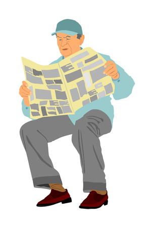 Pensioner read newspapers in park vector illustration isolated on white background. Senior relaxing outdoor. Retail old man. Grandpa veteran spend free time in public. Life insurance.のイラスト素材