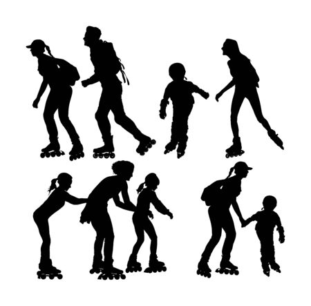 Roller skating couple in love enjoying in park vector silhouette isolated on white background. Skater boy riding wheels with skater girl. Woman and man family rollerblading with backpacks. Healthcare.のイラスト素材