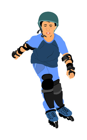 Roller skating boy in park rollerblading vector illustration isolated on white background. In-line skating. Skater boy riding wheels. Happy kid outdoor.のイラスト素材