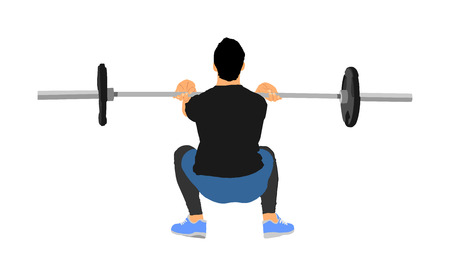 Weightlifter in gym vector illustration isolated on white background. Working out. Sports guy doing exercise with barbell. Sports man body builder in training. Health and fitness. Personal trainer.のイラスト素材